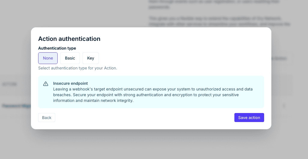 Action authentication dialog